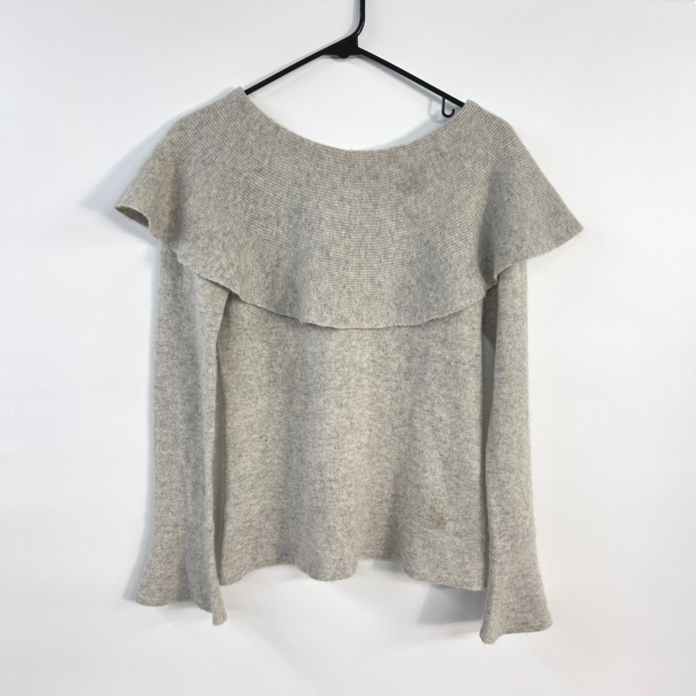 100% Cashmere Ruffle Neck Sweater Small Gray Bell Sleeve Romantic Coquette Qi